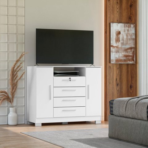 Cômoda para Quarto 2 Portas e 4 Gavetas com Chave 120,5cm com Pés Floripa Branco