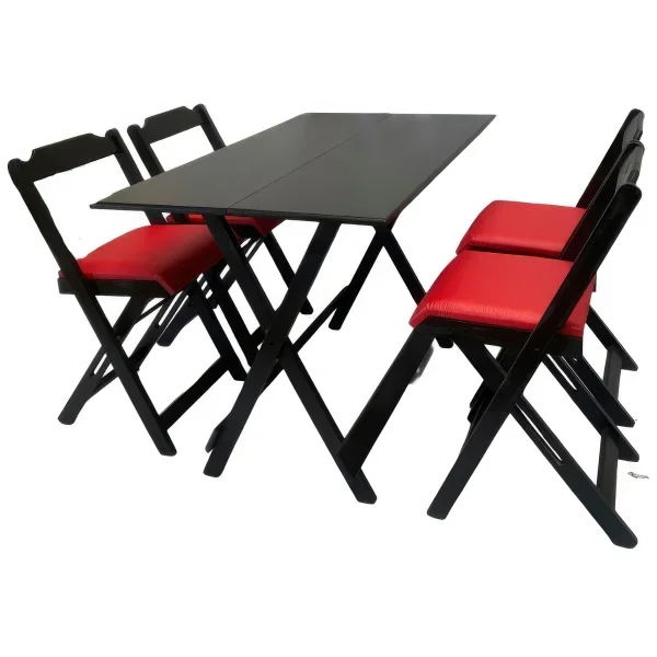 Conjunto Mesa Dobrável 120x70 Cm C/4 Cadeiras Preto com Estofado Vermelho - 2