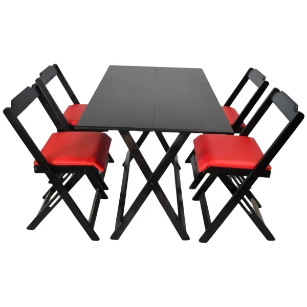 Conjunto Mesa Dobrável 120x70 Cm C/4 Cadeiras Preto com Estofado Vermelho