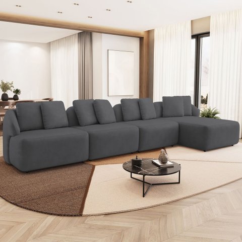Sofá 5 Lugares com Chaise Direito Sala Living 328cm Arlo F04 Veludo Grafite - Lyam Decor