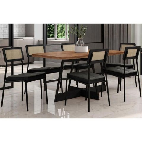 Sala de Jantar Completa Átria 1592 Aço C/ Tampo Madeirado 160x90cm e 6 Cadeiras Lux Preto/nogal -