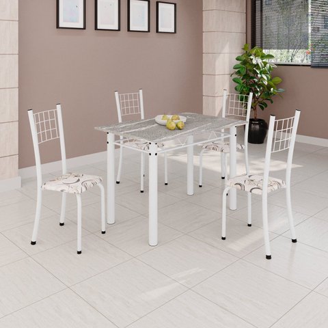 Conjunto de Mesa Tubular 100x60cm Tampo em Topázio com 4 Cadeiras Dany Branco/Arabesco