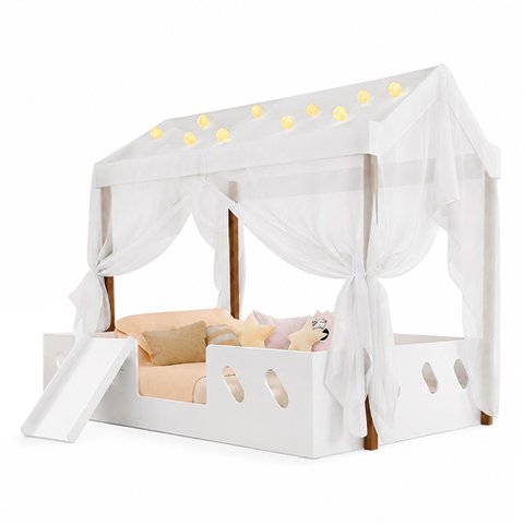 Cama Casinha Montessoriana Isa MDF +LED +Voal + Escorregador + Colchão Casal Kids - Branco