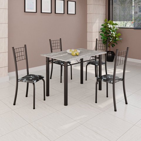 Conjunto de Mesa Tubular 100x60cm Tampo em Topázio com 4 Cadeiras Dany Preto