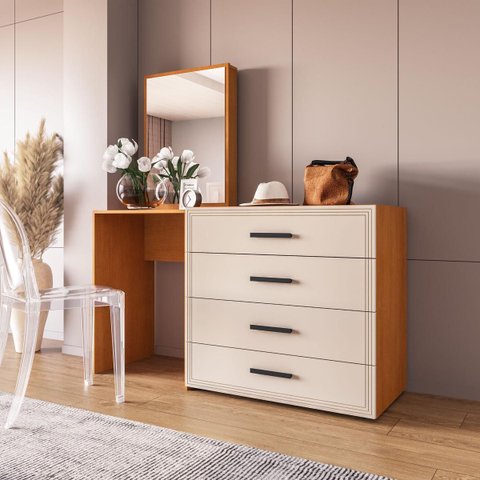 Cômoda Penteadeira Valência 4 Gavetas Espelho 149x160cm Creme/Freijó 250803