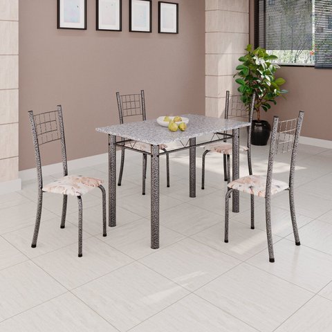 Conjunto de Mesa Tubular 100x60cm Tampo com 4 Cadeiras Dany Prata/Bege