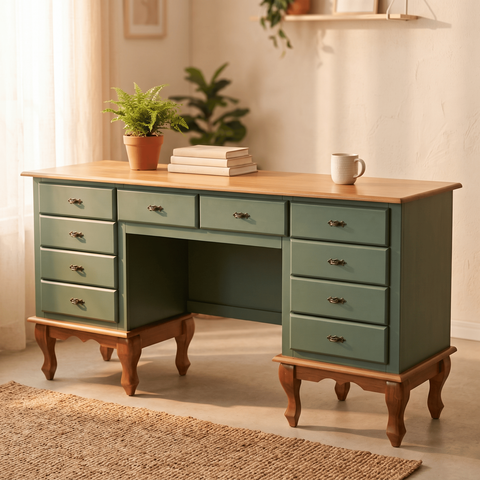 Mesa Escrivaninha 10 Gavetas Clássica Pés Luiz Xv Sala Quarto Ecomem Verde Musgo - Imbuia