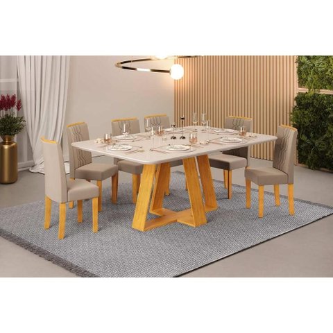 Conjunto: Mesa Sala Jantar Celeste c/ Tampo Madeirado c/ Vidro Retangular 160x90cm e 6 Cadeiras Zoe