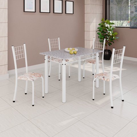 Conjunto de Mesa Tubular 100x60cm Tampo com 4 Cadeiras Dany Branco/Bege
