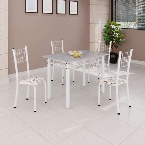 Conjunto de Mesa Tubular 100x60cm Tampo com 4 Cadeiras Dany Branco/Arabesco