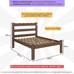 Cama de Casal Madeira Maciça para Colchão 128-138x188cm Multimóveis - 3
