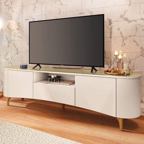 Rack para Sala de Estar TV 80 pol Orgânico 201cm Martina B01 Off White Champanhe - Lyam Decor