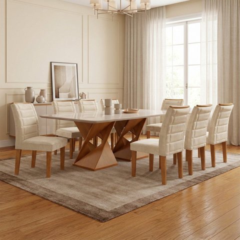 Mesa de Jantar com Tampo Vidro/MDF e 8 Cadeiras Veludo Cinamomo Off White