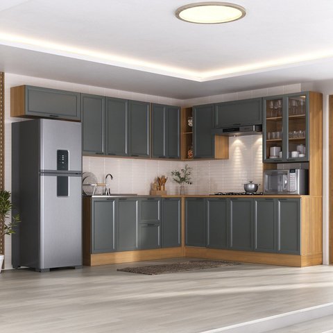 Cozinha Compacta 10 Peças 5 Aéreos 4 Balcões 1 Paneleiro Duplo Soho CabeCasa MadeiraOriginals