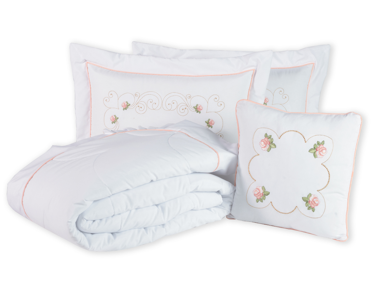 Jogo cobreleito cama queen 5 peças bordado com porta travesseiro flora branco - 4