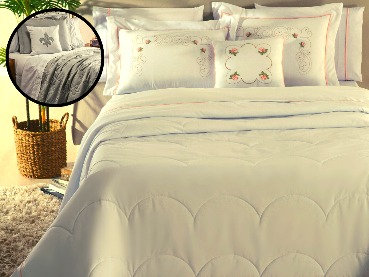 Jogo cobreleito cama queen 5 peças bordado com porta travesseiro flora branco - 1