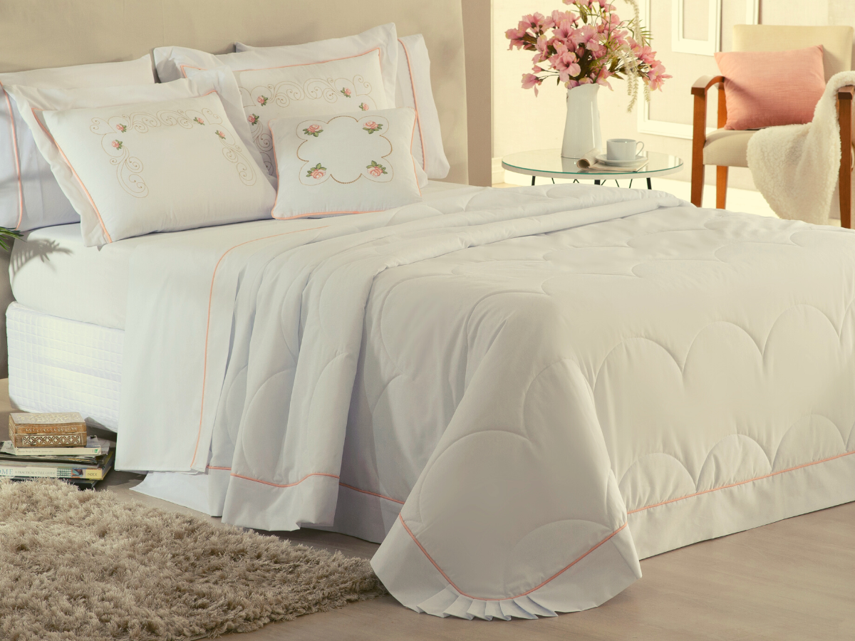 Jogo cobreleito cama queen 5 peças bordado com porta travesseiro flora branco - 2