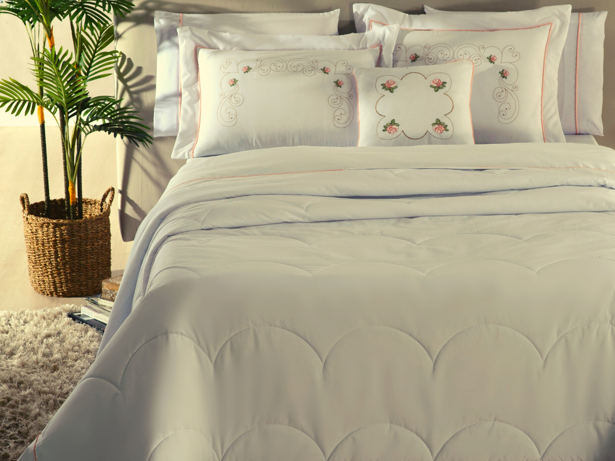 Jogo cobreleito cama queen 5 peças bordado com porta travesseiro flora branco - 3
