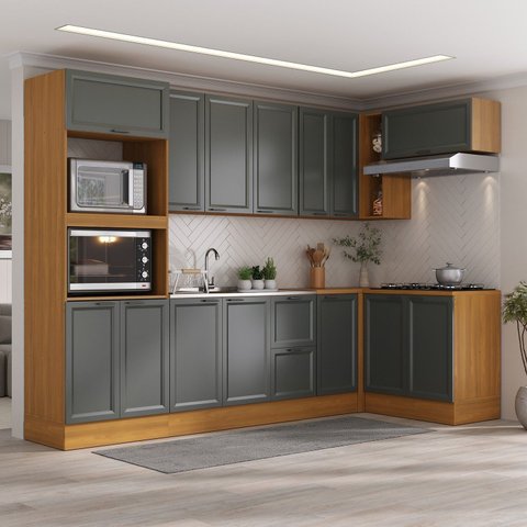 Cozinha Compacta Modulada 7 Peças 3 Aéreos 3 Balcões 1 Paneleiro Torre Quente Soho CabeCasa MadeiraOriginals Madeirao
