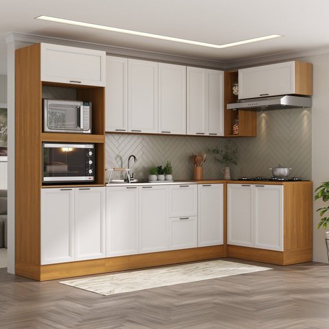 Cozinha Compacta Planejada 7 Peças 3 Aéreos 3 Balcões 1 Paneleiro Torre Quente Soho CabeCasa MadeiraOriginals Madeirao
