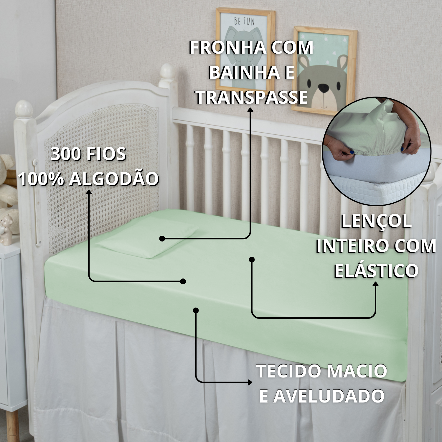 Lençol Americano Berço de Bebê 300 Fios 2 Peças 100% Algodão Conjunto com Fronha:verde - 5