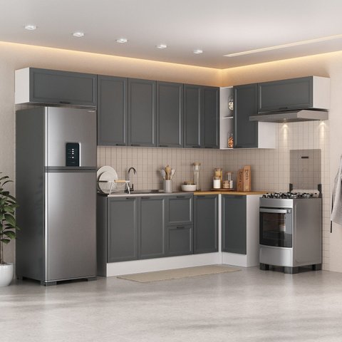 Cozinha Compacta Modulada 8 Peças 5 Aéreos 3 Balcões Soho CabeCasa MadeiraOriginals Cinza/Branco/Gra