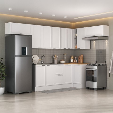 Cozinha Compacta Planejada 8 Peças 5 Aéreos 3 Balcões Soho CabeCasa MadeiraOriginals Branco