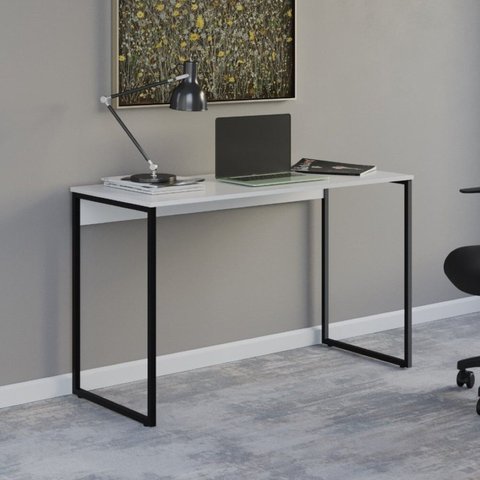 Mesa com Pé de Aço para Escritório Design Moderno 120cm Industrial Branco e Preto