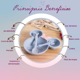 Prato Infantil Bebê com 3 Divisórias e Talheres Lancheira:Azul - 5