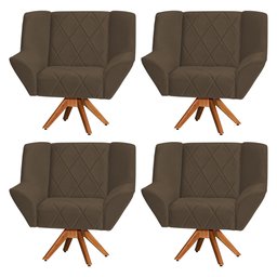 Kit 4 Poltronas Decorativa Dimitri Prime Veludo Marrom Base Giratória em Madeira Maciça - 1