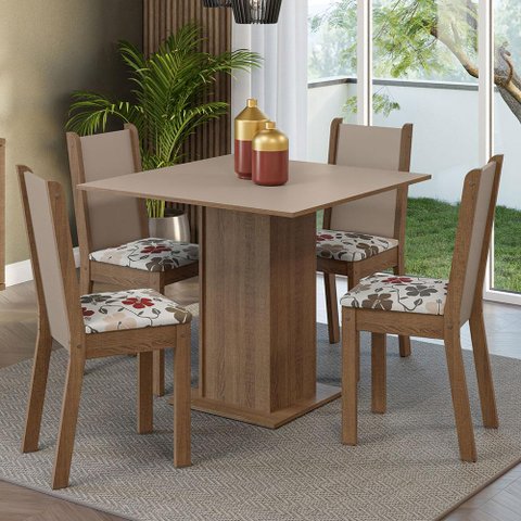 Conjunto Sala de Jantar Mesa Tampo de Madeira 4 Cadeiras Rustic/crema/hibiscos Alana Madesa