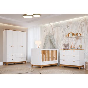 Jogo de Quarto de Bebê  Biscoito - Cômoda Roupeiro e Berço Mini Cama - Branco Nature