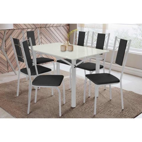 Conjunto: Mesa de Cozinha Elba Tampo Madeirado C/ Vidro 120cm e 6 Cadeiras Lisboa Cromada/off White