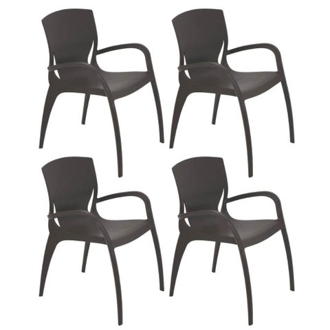 Jogo 4 Cadeiras Plásticas Marrom com Braços Tramontina Summa Clarice 60x59cm Uso Interno Externo