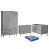 Dormitório Theo Retrô 3 Portas, Cômoda 6 Gavetas, Berço Cinza Fosco com Pés Madeira Natural e Colchã - 1
