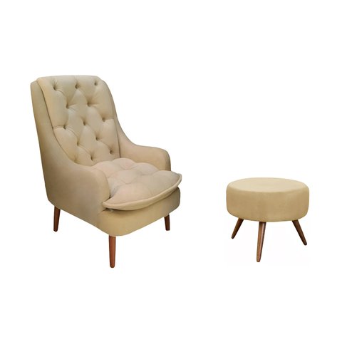 Kit Poltrona Lille e Puff Suede Bege Rosado - Dominic Decor
