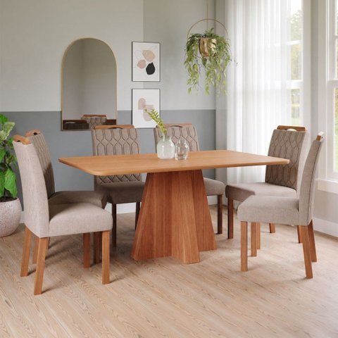 Sala de Jantar 6 Lugares 160 cm Zenóbia Cadeiras Madeira Maciça Cinamomo/Bege - Panorama Móveis