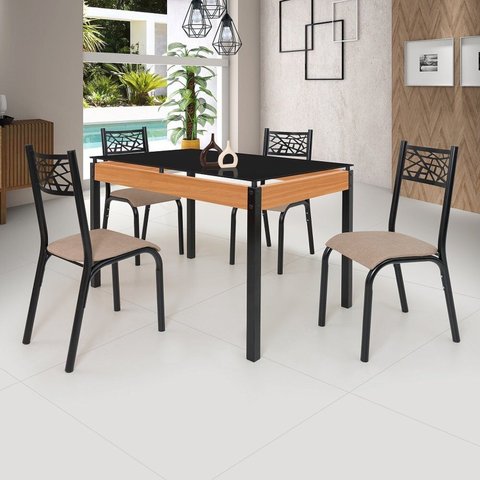 Conjunto Sala de Jantar Mesa 120x77cm Tampo Vidro com 4 Cadeiras Jade Preto/Fosco/Bege