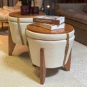Ver imagem 1 de Puff Baú Decorativo Redondo Multifuncional Com Mesa Flex Cazari Linho Nude Couro Marrom