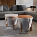 Ver imagem 2 de Puff Baú Decorativo Redondo Multifuncional Com Mesa Flex Cazari Linho Nude Couro Marrom