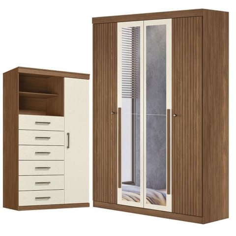 Guarda Roupa Casal com Cômoda Buriti 4 Portas de Bater 6 Gavetas MDF-MDP Jatobá Areia Acetinado