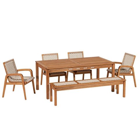 Mesa de Jantar com Banco de Madeira 180cm e 04 Cadeiras Trammare C07 Corda Náutica Areia - Lyam