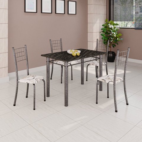 Conjunto de Mesa Tubular 100cm x 60cm com Tampo e 4 Cadeiras Dany Prata/Arabesco