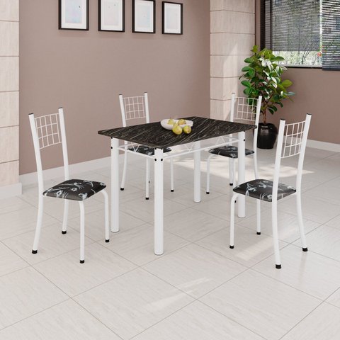 Conjunto de Mesa Tubular 100cm x 60cm com Tampo e 4 Cadeiras Dany Branco/Preto