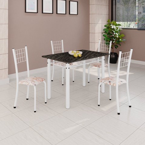 Conjunto de Mesa Tubular 100x60cm com Tampo e 4 Cadeiras Dany Branco/Bege
