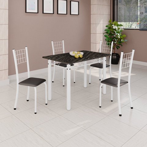 Conjunto de Mesa Tubular 100x60cm com Tampo e 4 Cadeiras Dany Branco/Preto