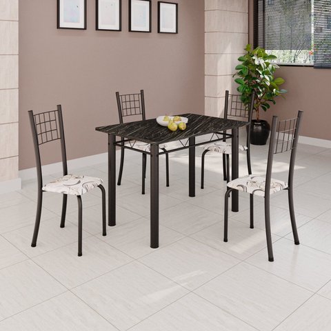 Conjunto de Mesa Tubular 100x60cm com Tampo e 4 Cadeiras Dany Preto/Arabesco