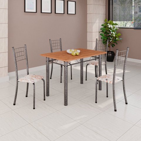 Conjunto de Mesa Tubular 100x60cm Tampo em MDF e 4 Cadeiras Dany Prata/Bege