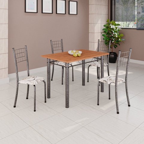 Conjunto de Mesa Tubular 100x60cm Tampo em MDF e 4 Cadeiras Dany Prata/Arabesco