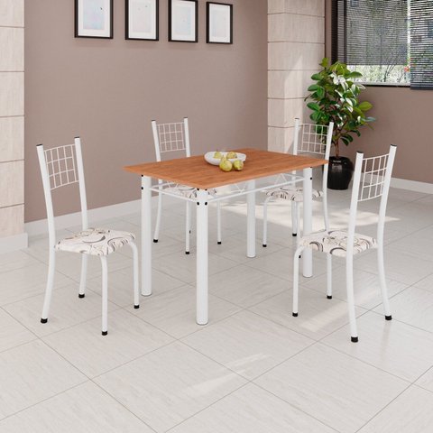 Conjunto de Mesa Tubular 100x60cm Tampo em MDF e 4 Cadeiras Dany Branco/Arabesco